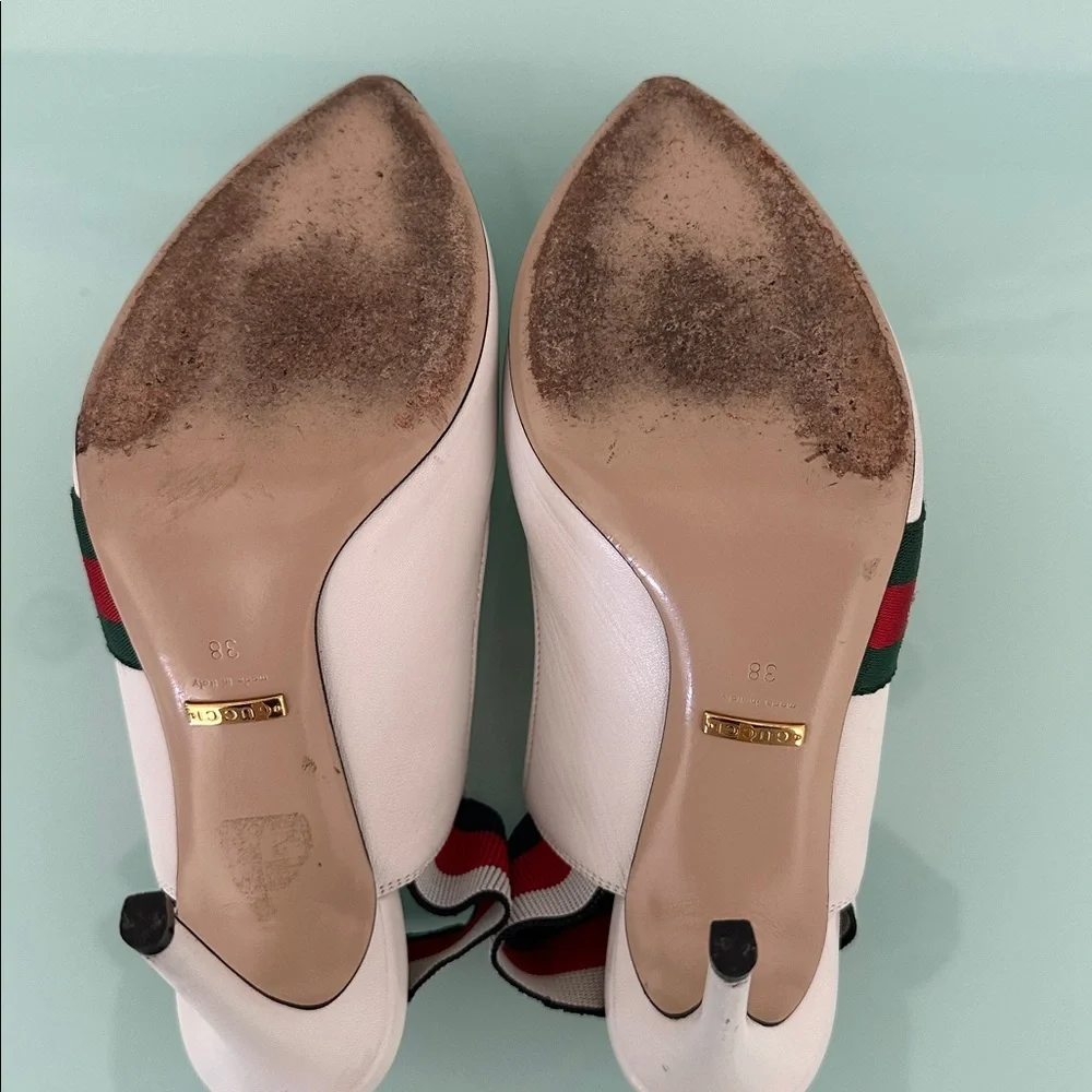 Gucci White Leather Sylvia Elastic Slingback Heels  Box & Two Dust Bags
